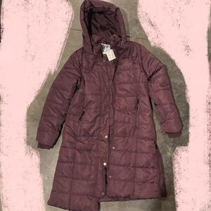Liv Outdoor Faux Down insulated long plum coat jacket hooded warm purple. Nwt!